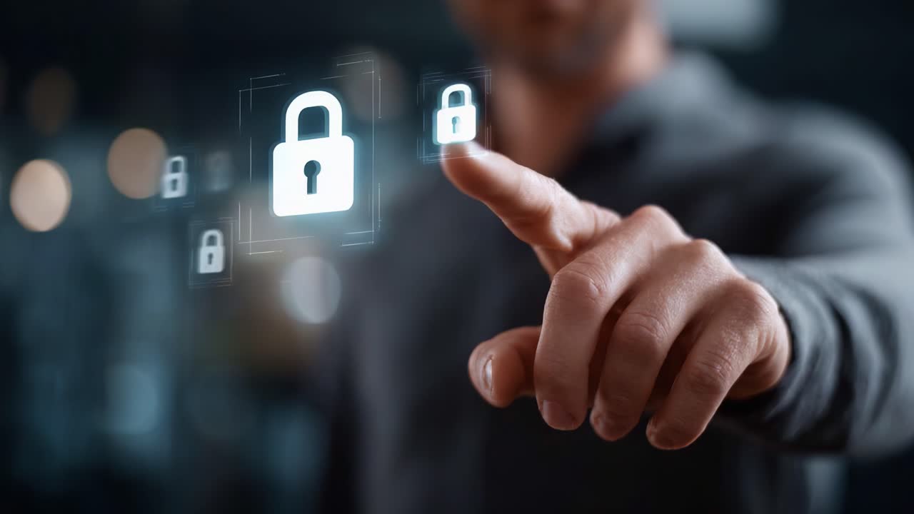 A person interacting with digital security icons, emphasizing the importance of cybersecurity and data protection in the modern digital landscape