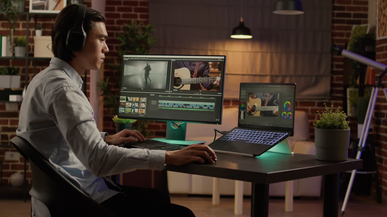 Man working on video editing with headphones and computer