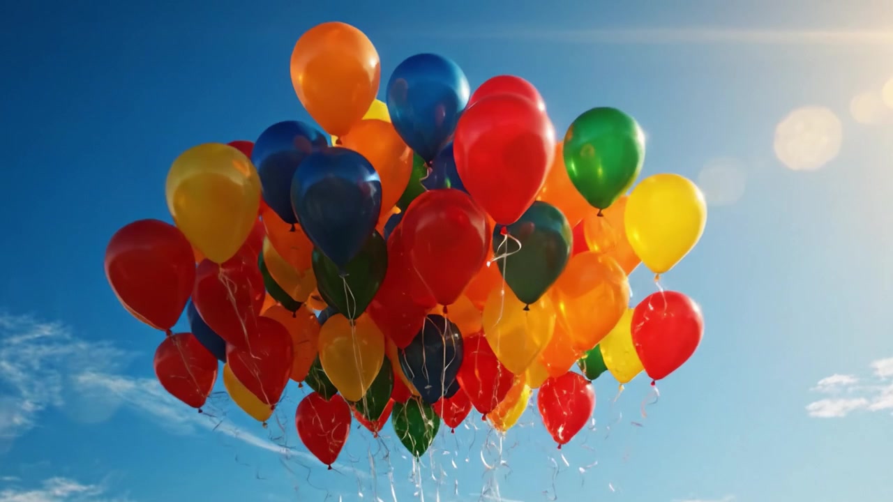Et levende skue av fargerike ballonger som svever opp mot den blå himmelen, og skaper en gledelig og oppløftende atmosfære under det klare sollyset.