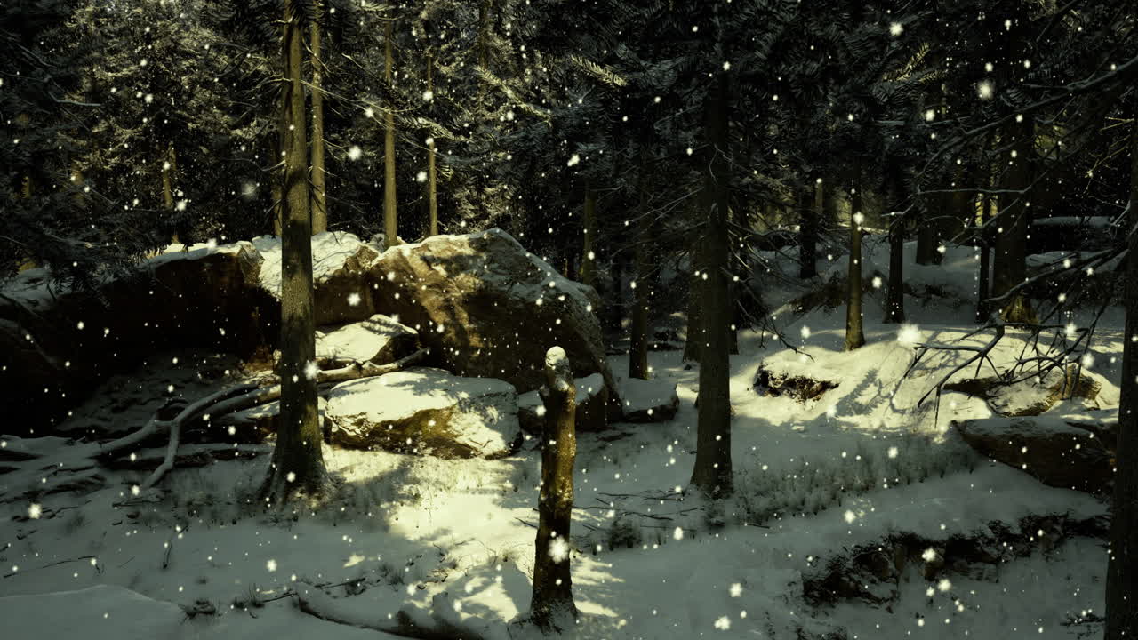 Lumisade peittää rauhallisen metsän talvisena myöhäisenä iltapäivänä