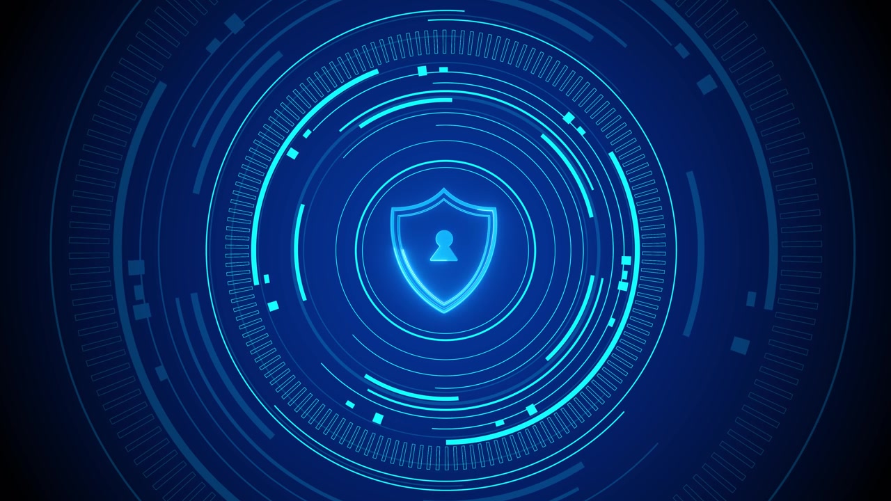 Blue shield security hud glowing circular rings lock cyber protection interface futuristic scanner