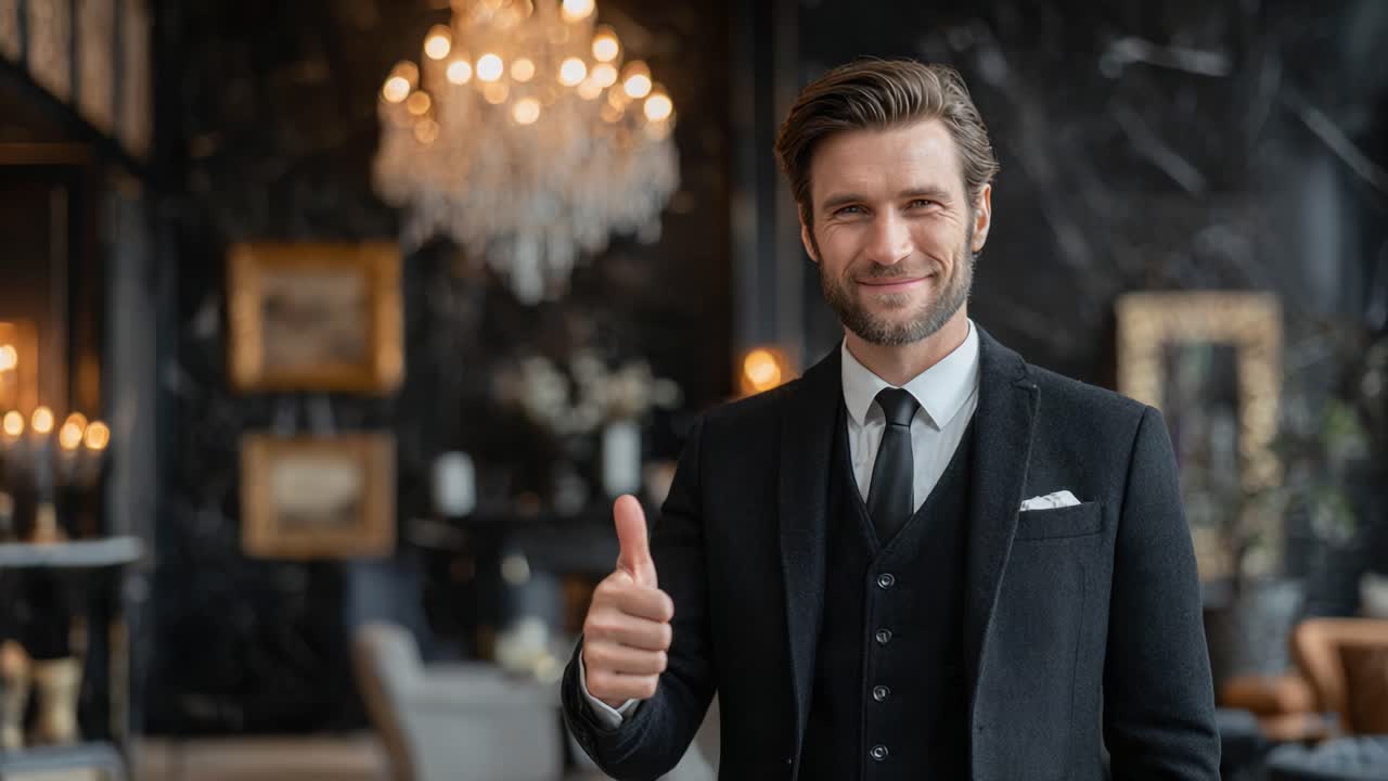 A confident man in a tailored suit smiles warmly while giving a thumbs-up in an elegant interior setting, conveying positivity and assurance in a luxurious ambiance
