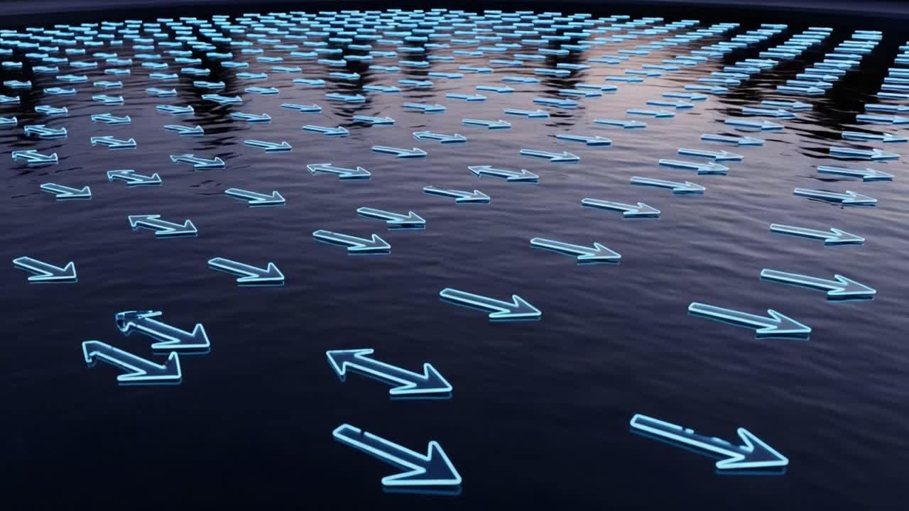 Illuminated Directional Arrows Floating on Water Surface at Dusk, Creating a Unique Visual Effect with Reflections and Stunning Colors