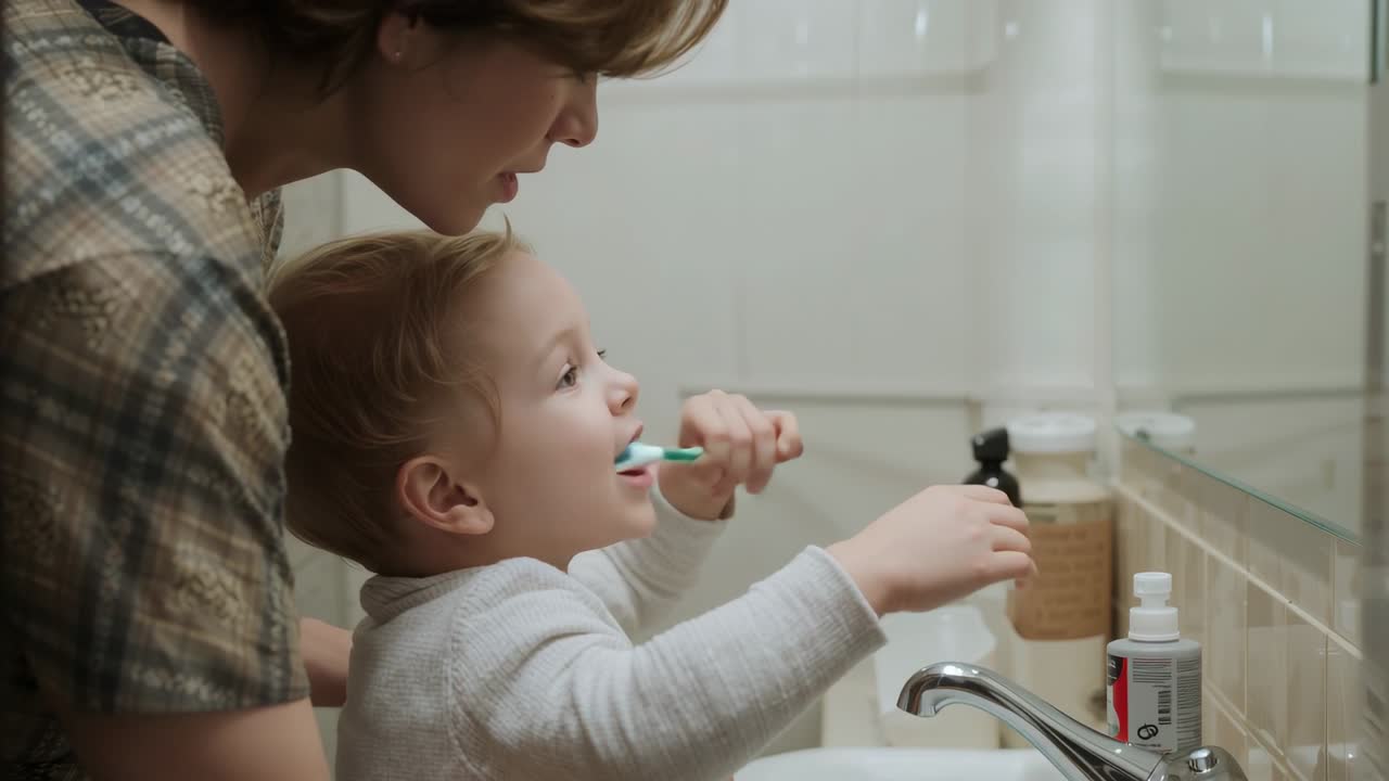 Guiding toddler using toothbrush at home sink, plaid caregiver leaning over steadying hand teaching