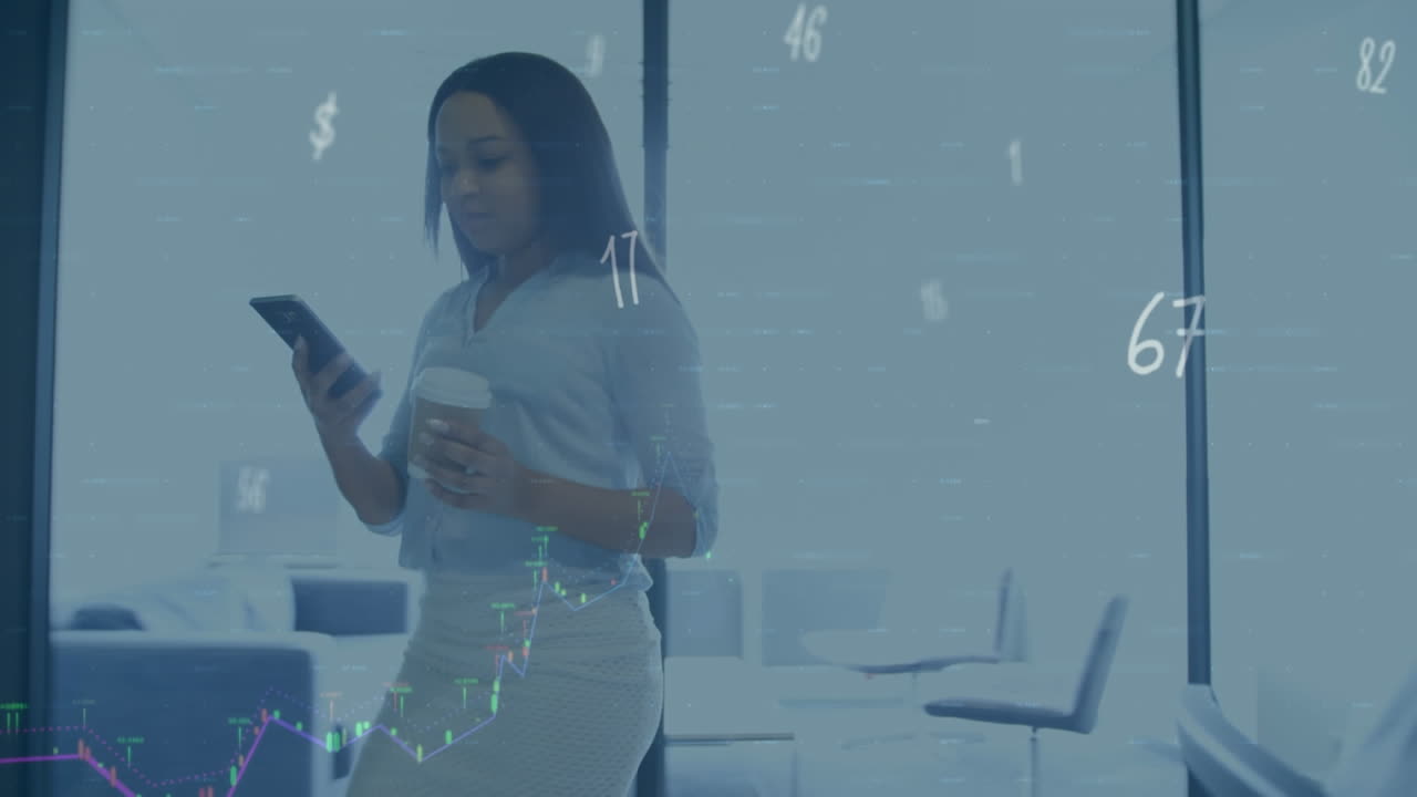 Animation of graphs, numbers over biracial woman with coffee using cellphone while walking in office