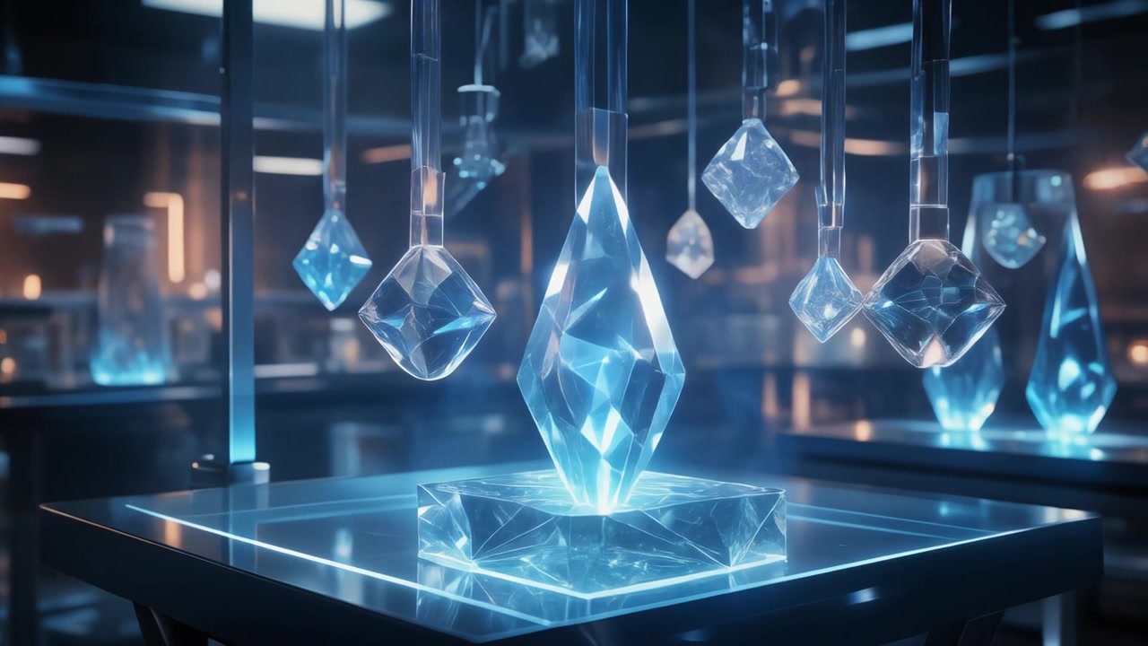 Glowing Blue Crystals Suspended in Futuristic Laboratory Setting