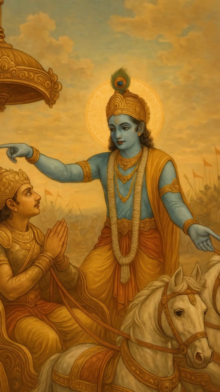 Lord Krishna Guiding Arjuna in Chariot on the Battlefield