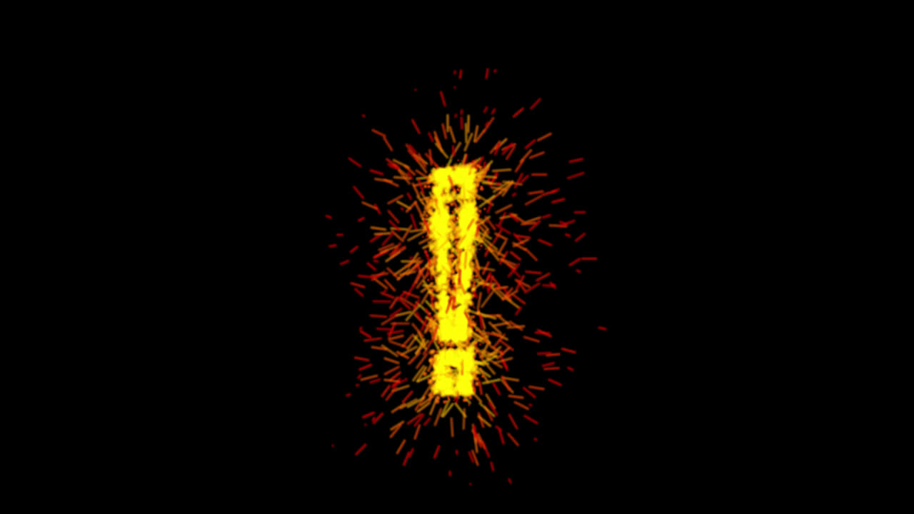 Animazione del punto esclamativo con particelle gialle su sfondo trasparente