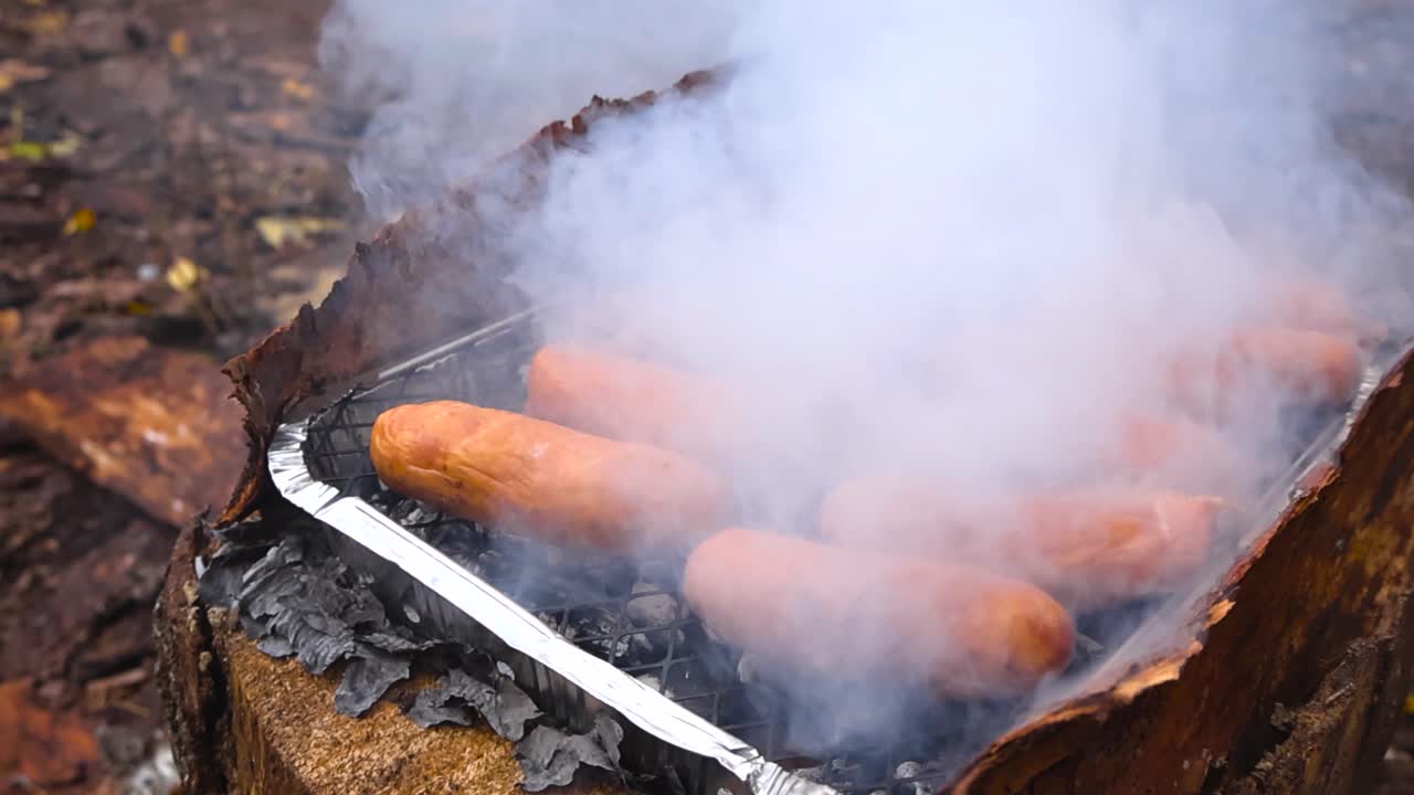 Close up view of golden brown and charred sausages or hotdogs being cooked on a instant grill outdoors in autumn or spring time nature with thick white smoke moving in slow motion, bokeh background