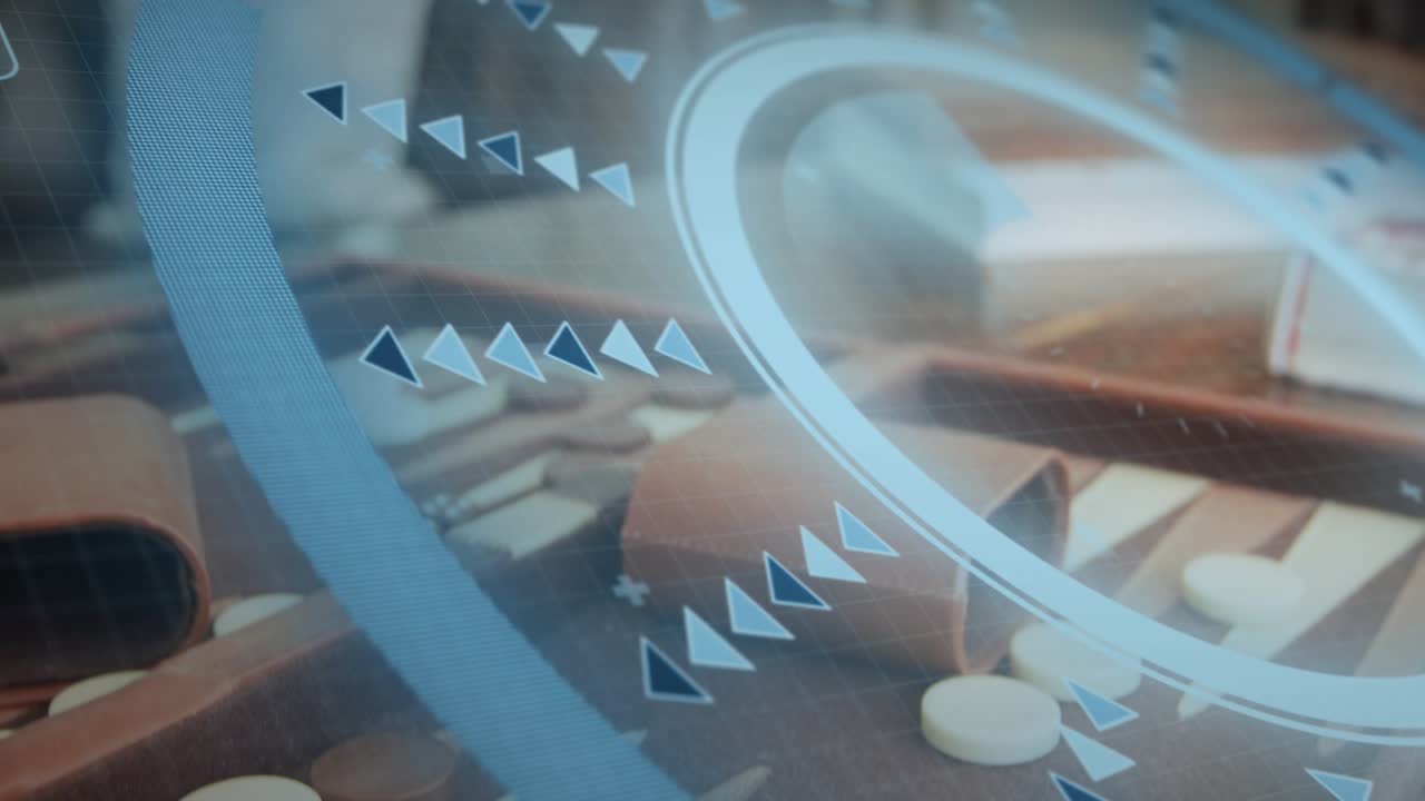 HUD activation moving translucent blue rings upward-right, sliding across room revealing clock