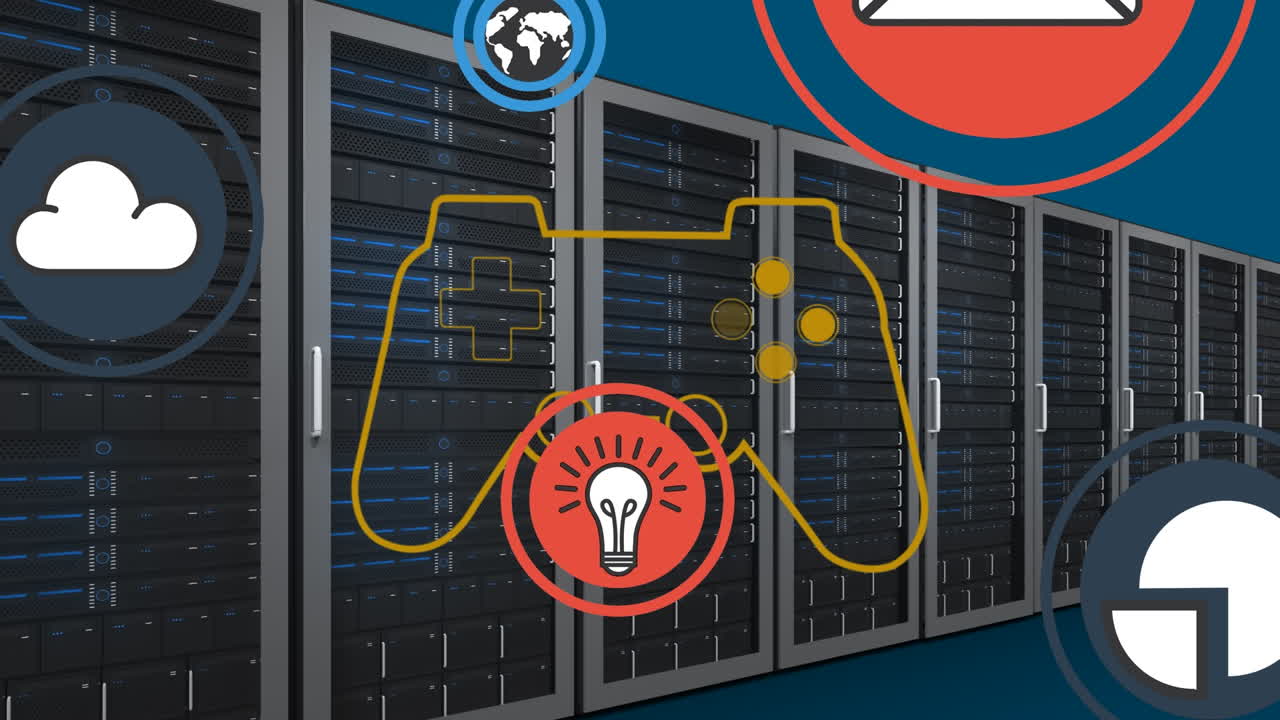 Animation of video game controller and media icons over computer server room