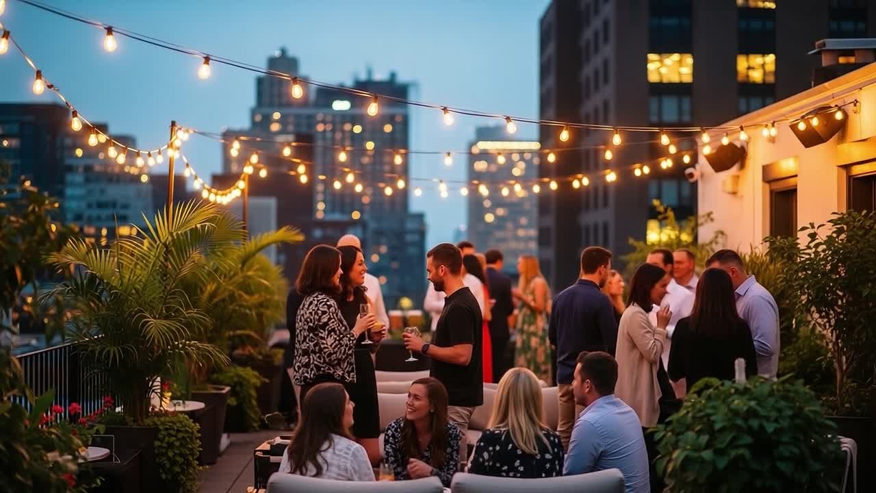 Evening Soiree: A Lively and Elegant Rooftop Gathering with Friends Amidst City Lights and Glowing String Lights, Perfect for Celebrating Life's Moments
