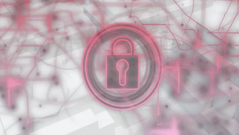 Animation-of-security-padlock-icon-and-light-trails-against-3d-concentric-shapes
