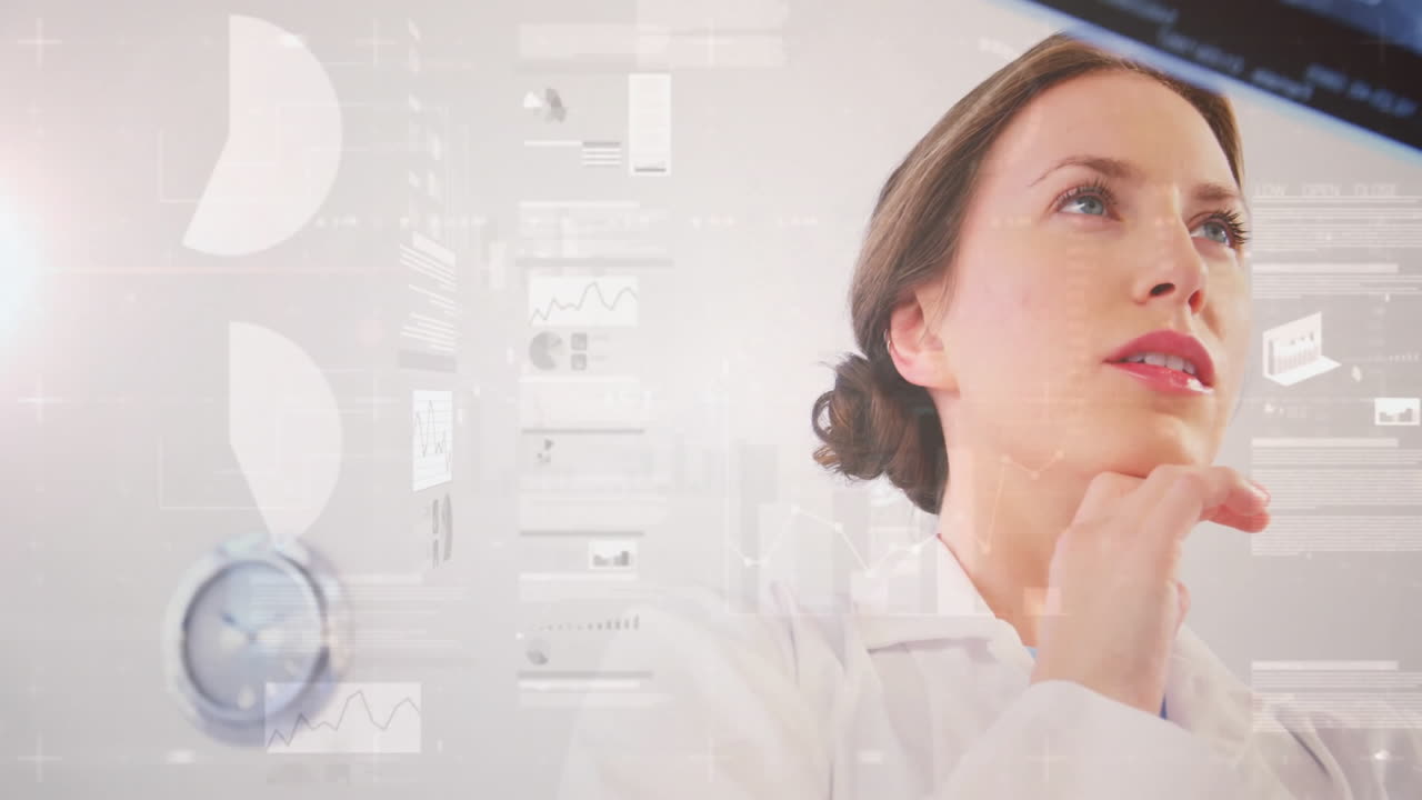 Analyzing data with digital graphs overlay, woman in lab coat in school
