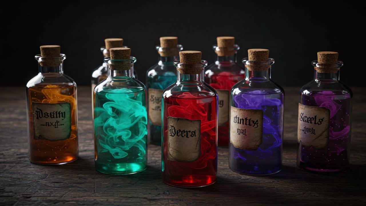 A Captivating Display of Colorful Potions in Glass Bottles, Each with Unique Labels, Evoking a Sense of Mystery and Magical Intrigue