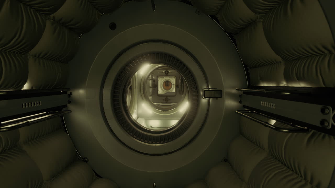 Exploration of a futuristic spacecraft interior featuring a robotic device