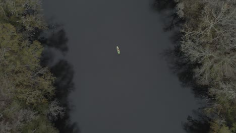 closing in on a man paddling a dark river waters and revealing the chilling scenery in front of him