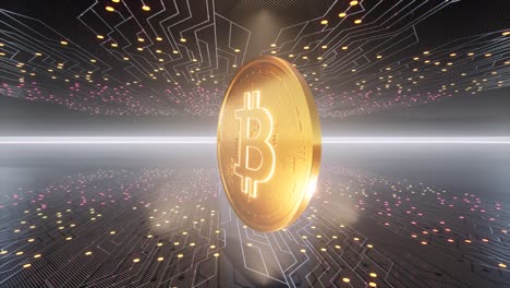 Gold-Bitcoin,-Kryptowährungsmünze,-3D-Modell-Mit-Blockchain-Netzwerkverbindungen,-Cyberspace-Mit-Neonlichtern,-3D-Animation