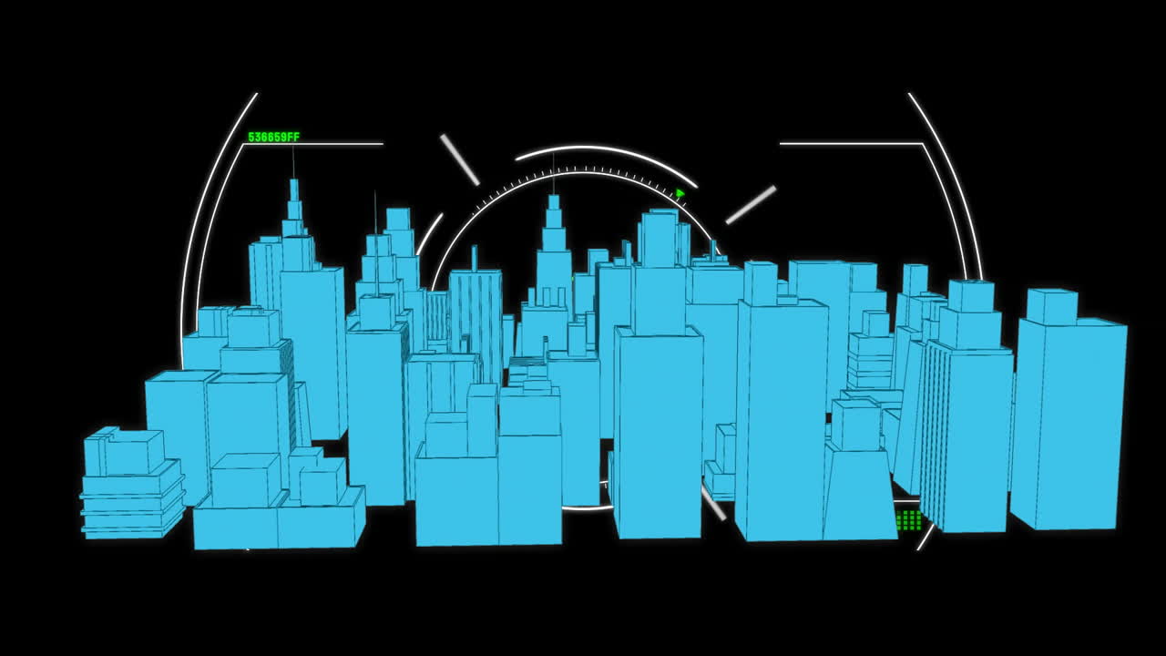 Visualizzazione di un paesaggio urbano 3D a blocchi blu sovrapposto ad archi HUD bianchi e indicatori a matrice di punti verdi.