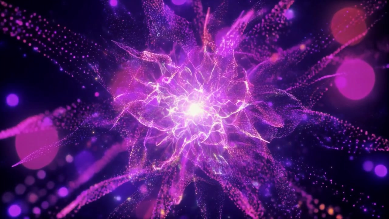Esplosione astratta di particelle di energia viola e luce brillante