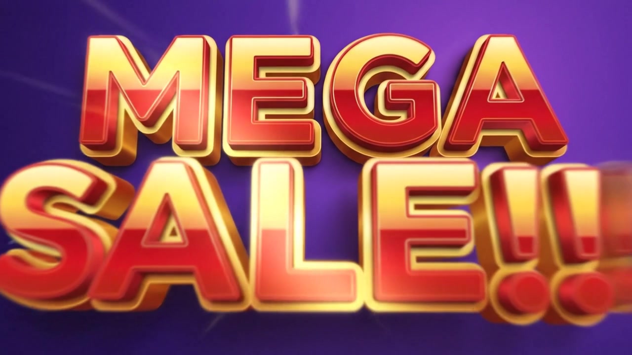 Animazione di banner testuale promozionale Mega Saldi con tipografia 3D vibrante.