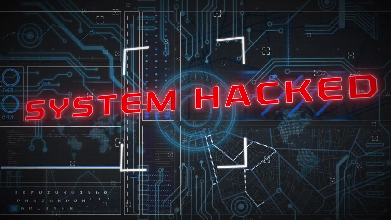 Animation of system hacked text in red over charts and graphs processing data on black interface