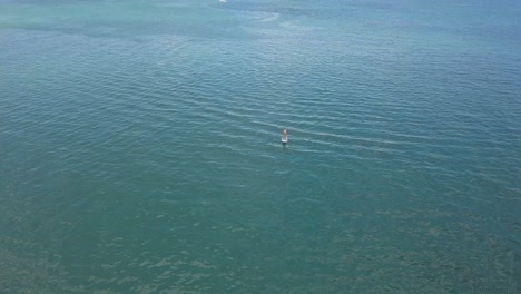 Disparo-De-Dron-Inclinado-De-Una-Mujer-Remando-En-Un-Sup-A-Una-Distancia-De-La-Orilla