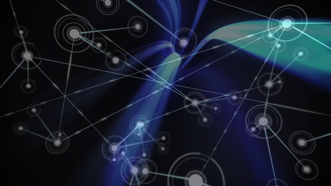 Central concentric ring emitting tealblue ribbons, nodes linking and pulsing, visualizing network