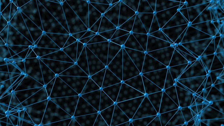 Rete 3D Astratta Caotica: Tecnologia Futuristica su Sfondo Blu Scuro