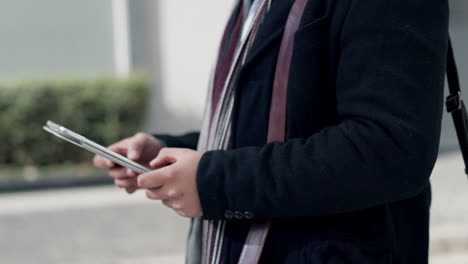 outdoor hands, tablet and business person typing