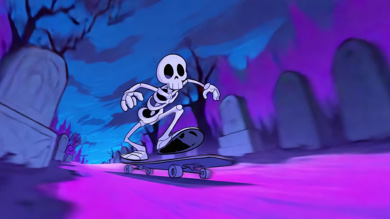 A playful skeleton skates through a spooky, colorful graveyard, surrounded by eerie trees and illuminated by vibrant purple hues, creating a whimsical Halloween scene