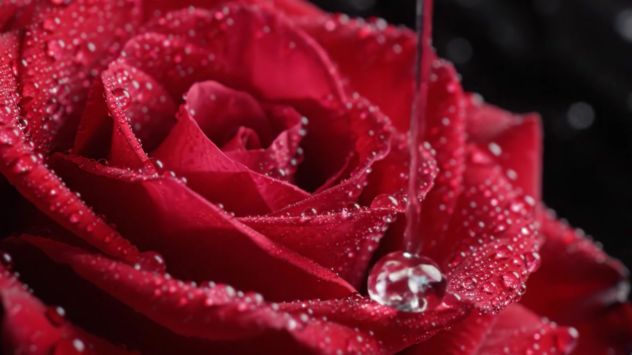 Gros plan d'une magnifique rose rouge couverte de gouttes de rosée, mettant en valeur sa couleur éclatante et ses pétales délicats sur un fond sombre