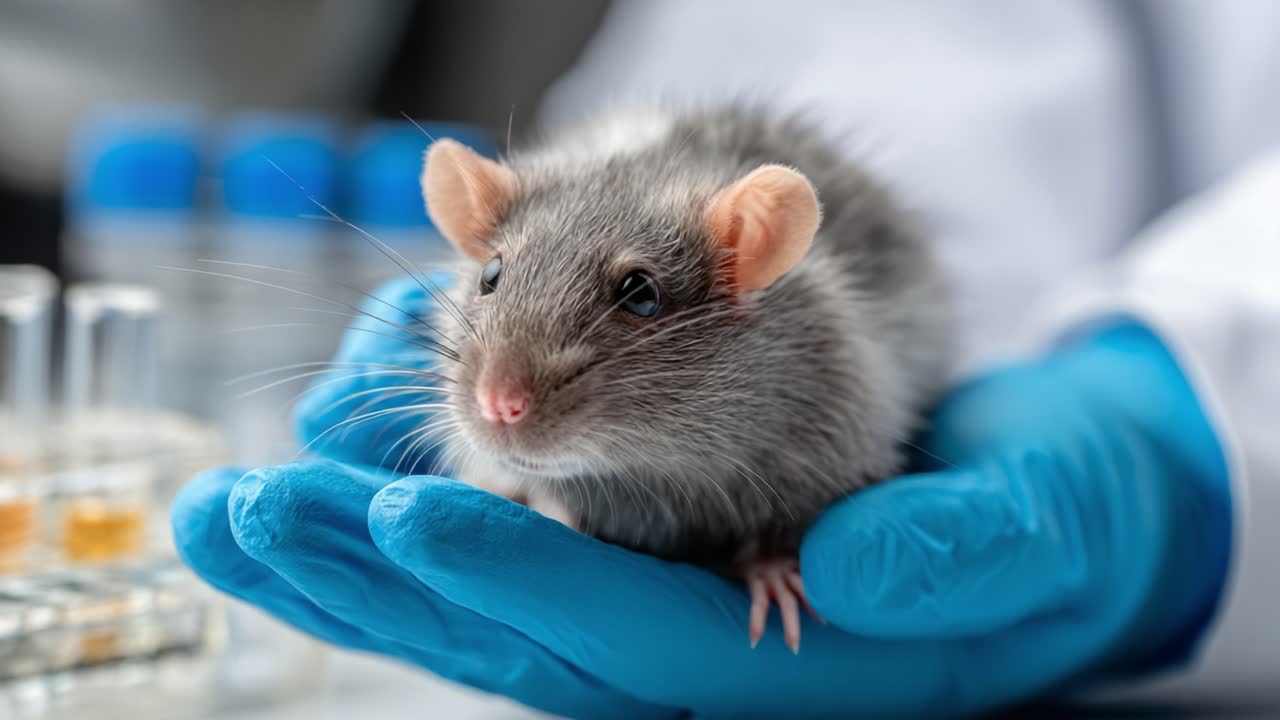 A Close-Up of a Laboratory Rat Being Handled in a Scientific Environment, Showcasing Its Features and the Care Provided by Researchers in Biomedical Studies
