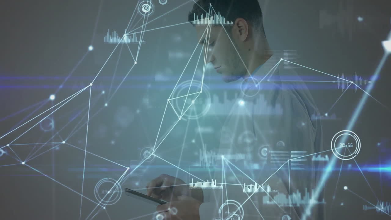 Technology analyst interacting with tablet, projecting holographic network nodes and chart overlays