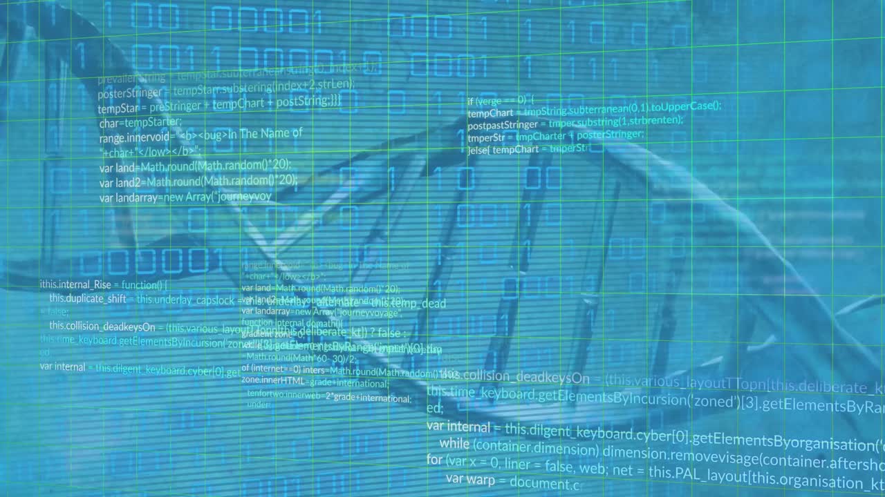 Animation of binary codes and computer language over dna helix model on abstract background
