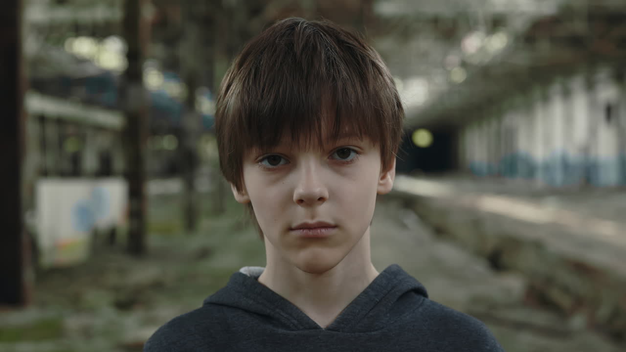 Young Boy in an Abandoned Industrial Setting