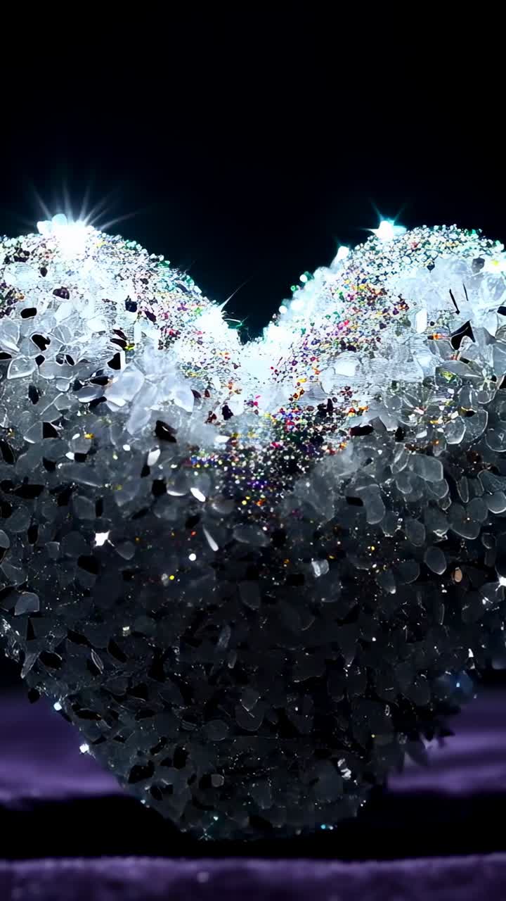 Vertical video: Tilting camera showing crystal heart sparkling on purple velvet to show glitter