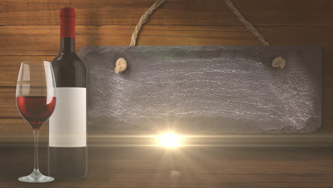 animation von lichtern über flasche und glas rotwein auf hölzern hintergrund mit tag