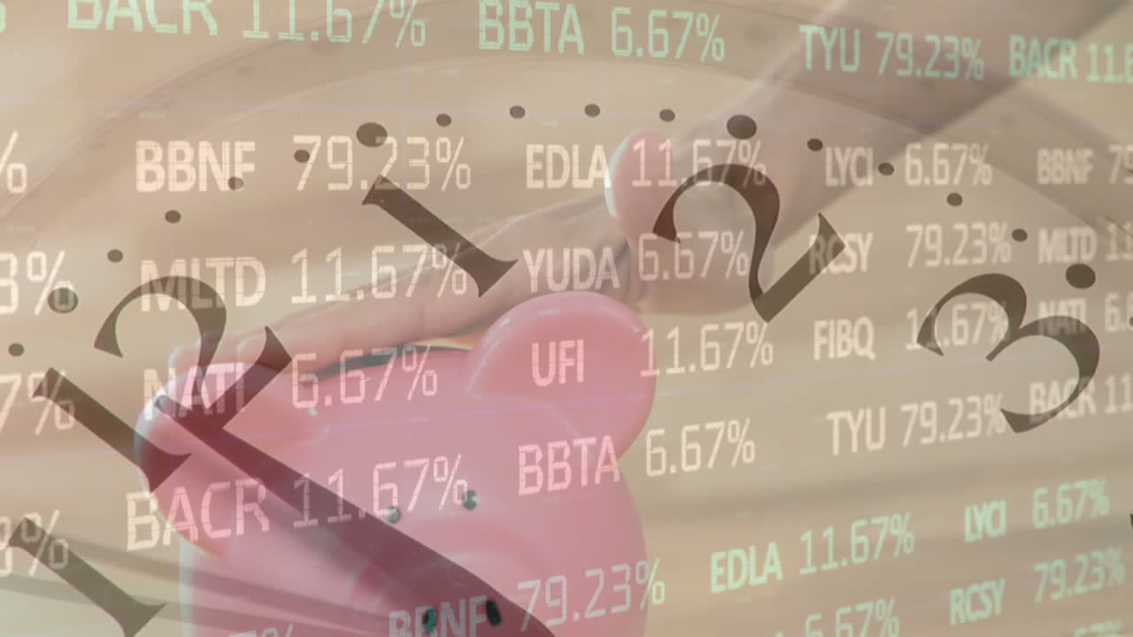 Animation of clock over trading board, cropped hand of caucasian woman inserting coin in piggy bank