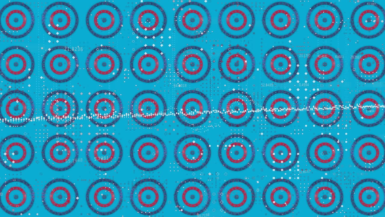 통계 데이터 처리 및 파란색 배경에 회전하는 원에 있는 별 위의 점 패턴