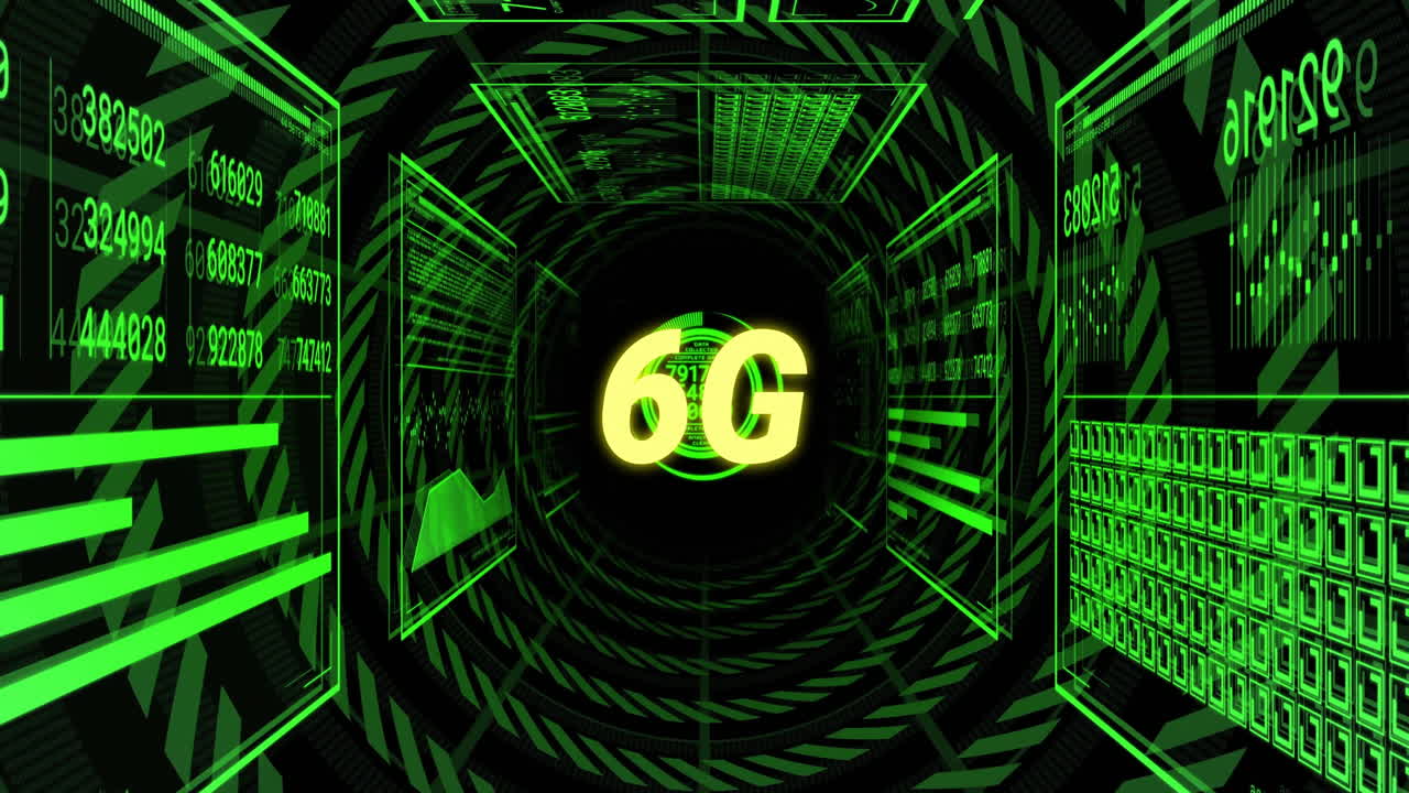 Animation of 6G text with digital data and futuristic green graphics