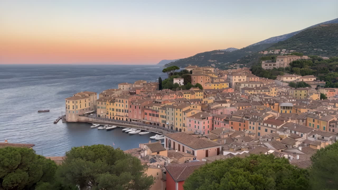 Picturesque Coastal Town Harbor at Sunset
