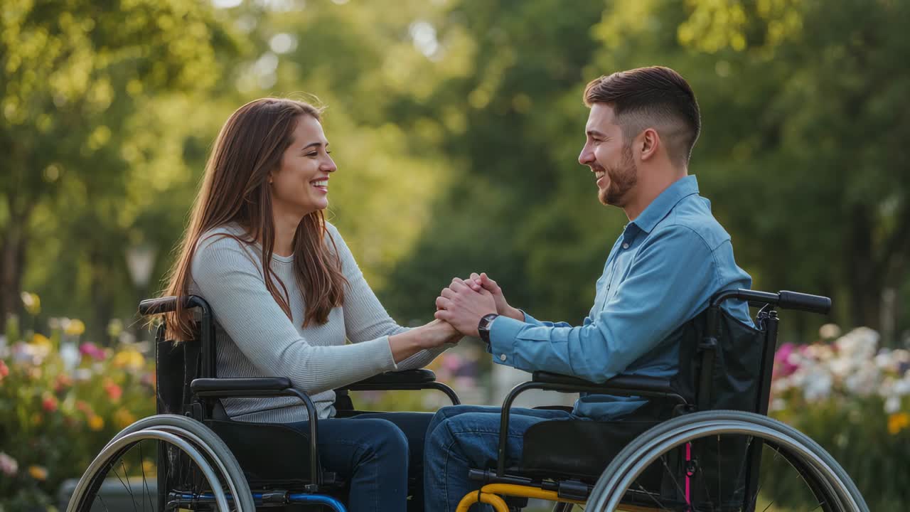 Holding hands, wheelchair couple sharing smiles and expressing affection in park, sweater visible