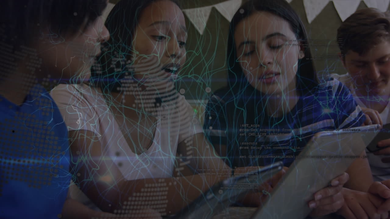 태블릿을 가진 다양한 십대 학생들의 세계와 연결의 애니메이션