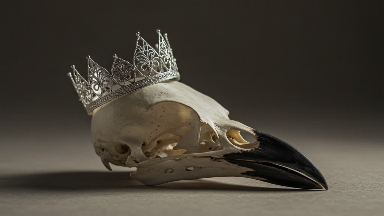 A unique juxtaposition of regal elegance and nature's remnants, showcasing a meticulously crafted crown resting atop a bird skull, blending beauty and mortality in a single frame