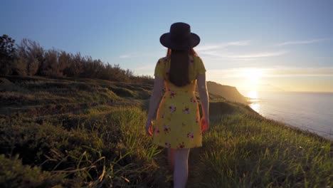 Mujer-Caminando-Sobre-Un-Verde-Campo-Cubierto-De-Hierba