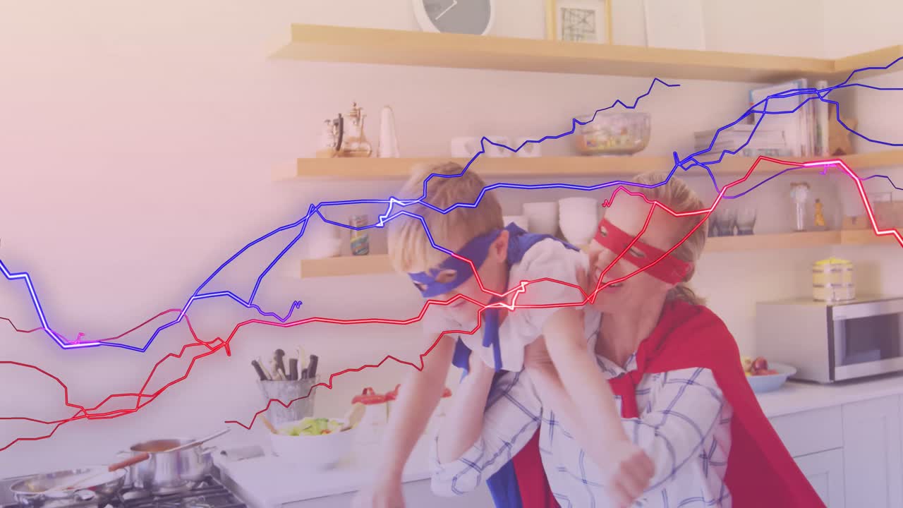 슈퍼히어로처럼 옷을 입은 행복한 백인 어머니와 아들 위에 파란색과 빨간색 파도의 애니메이션