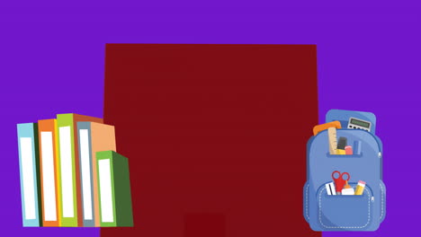анимация стека книг и икона школьной сумки напротив красного баннера с копировальным пространством