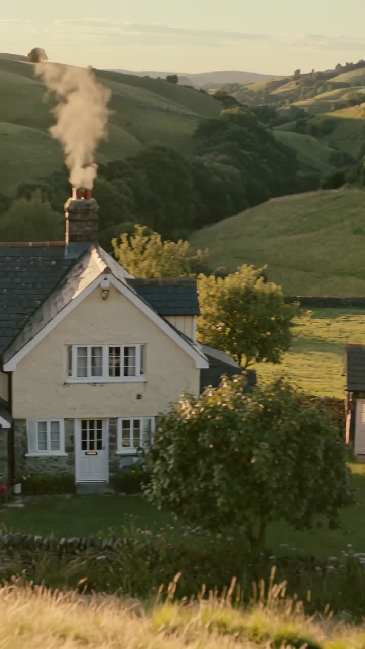 Vertical video: At start camera panning over cottage in valley, revealing garden shed and hills