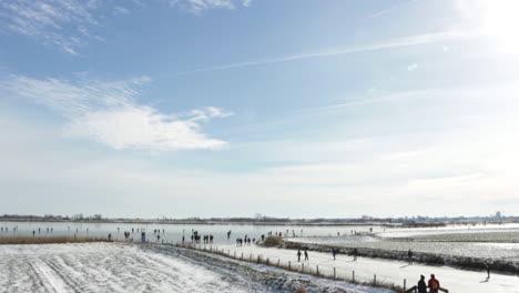 people ice skating on a frozen lake on a sunny winter day in the netherlands during the pandemic